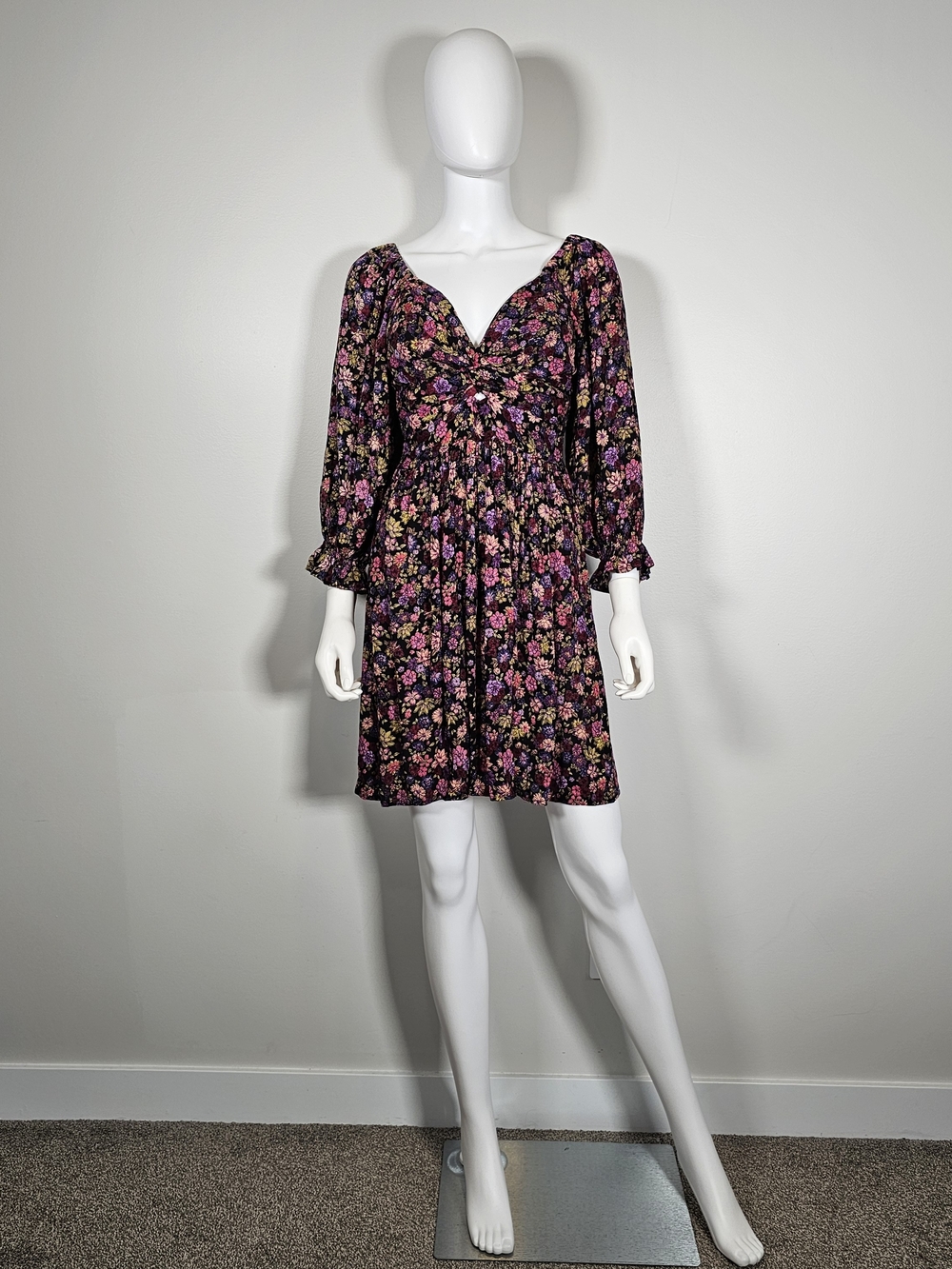 Angie Black Mini Dress with Pink & Purple Floral Print Sz M